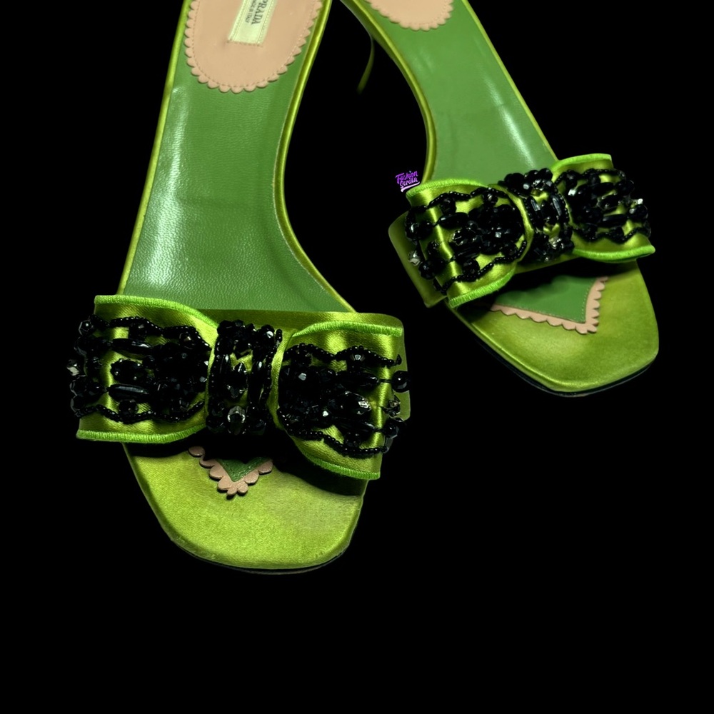 Prada Archive Poison Apple Silk Green Beaded Apliqué Bow 2000s Kitten Heel Mules - Picture 8 of 8
